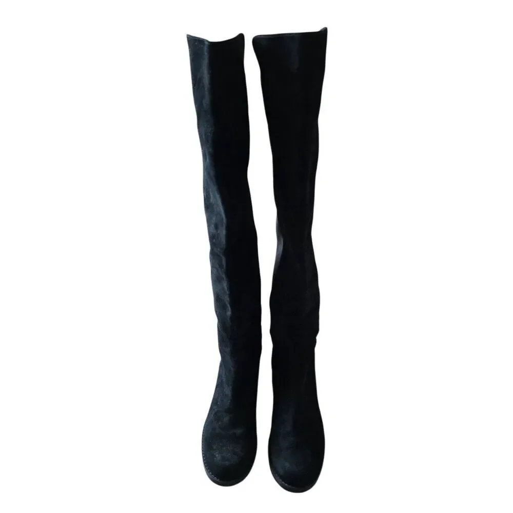 Stuart Weitzman Over The Knee Boots Size 4.5 Black Suede‎ Block Heel
